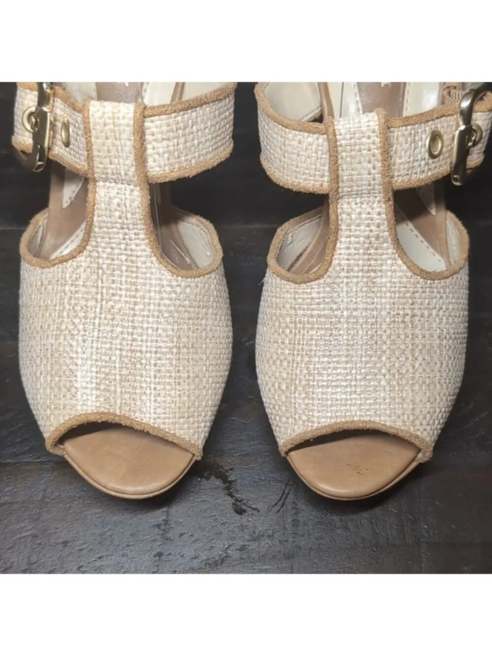 Naturalizer Kole Sandals Tan Woven Buckle Peep Toe Heels N5 Comfort Womens 7